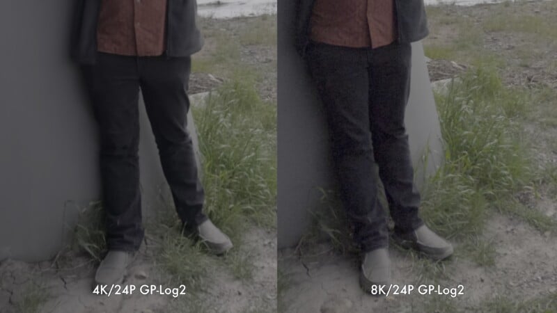 Side-by-side comparison of a person’s lower body outdoors, labeled “4K/24P GP-Log2” on the left and “8K/24P GP-Log2” on the right, showing slight differences in sharpness and clarity.