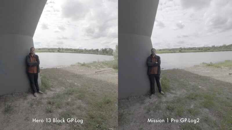 A person stands under a large structure by a river in cloudy weather. The image is split in two, showing different color grading: "Hero 13 Black GP-Log" on the left and "Mission 1 Pro GP-Log2" on the right.