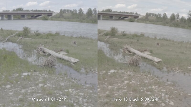Side-by-side comparison of two video stills showing a riverside scene with grass, rocks, driftwood, and a bridge, labeled “Mission 1 8K/24P” on the left and “Hero 13 Black 5.3K/24P” on the right.