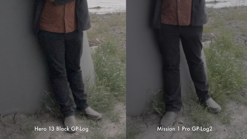 Side-by-side comparison of two photos showing a person standing by a wall, labeled "Hero 13 Black GP-Log" on the left and "Mission 1 Pro GP-Log2" on the right, with differences in color tone and brightness.
