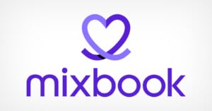 Logo for Mixbook featuring a purple heart outline above the word "mixbook" in bold, lowercase purple letters, all on a white background.