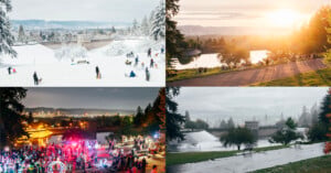 A collage of four images shows a park in different seasons: snowy hills with people sledding, a sunny landscape with sunset light, a lively nighttime festival, and a rainy scene with wet paths and trees.