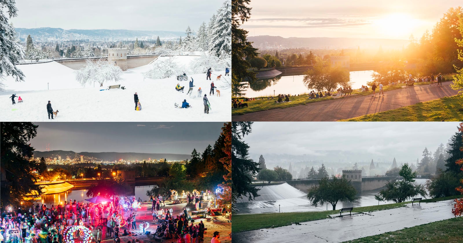 A collage of four images shows a park in different seasons: snowy hills with people sledding, a sunny landscape with sunset light, a lively nighttime festival, and a rainy scene with wet paths and trees.
