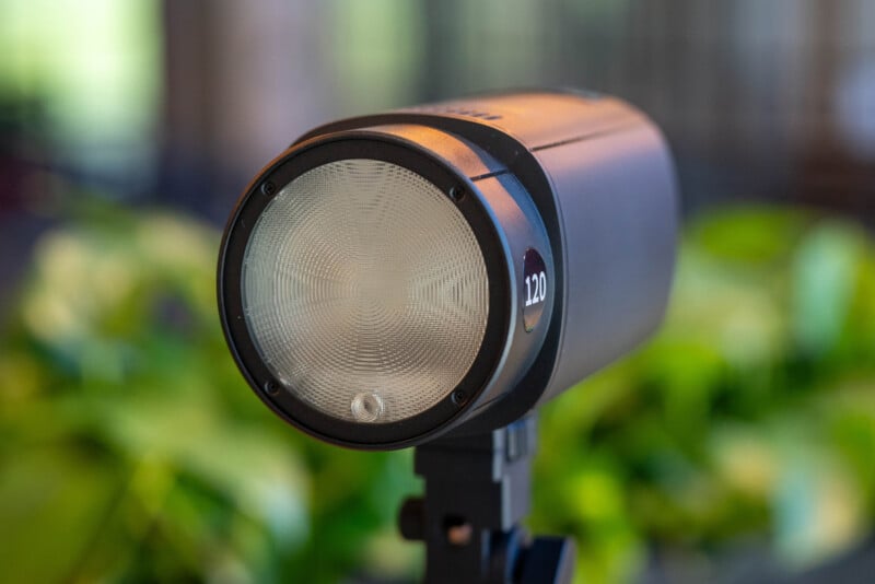 A close-up of a black photography studio strobe light with the number 120 on its side, set against a blurred background of green foliage.