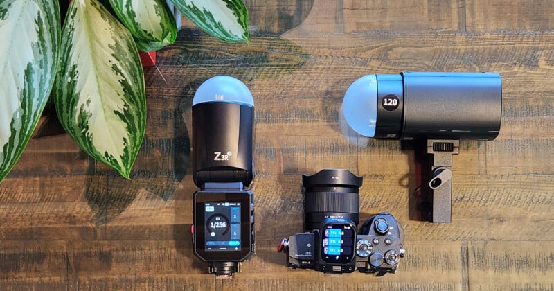A mirrorless camera is placed on a wooden table between two external flash units with dome diffusers. A green potted plant is visible in the upper left corner of the image.