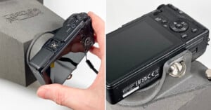 Side-by-side photos showing a person inserting a camera hot shoe adapter into a compact digital camera, with close-up views of the camera’s controls and screen.