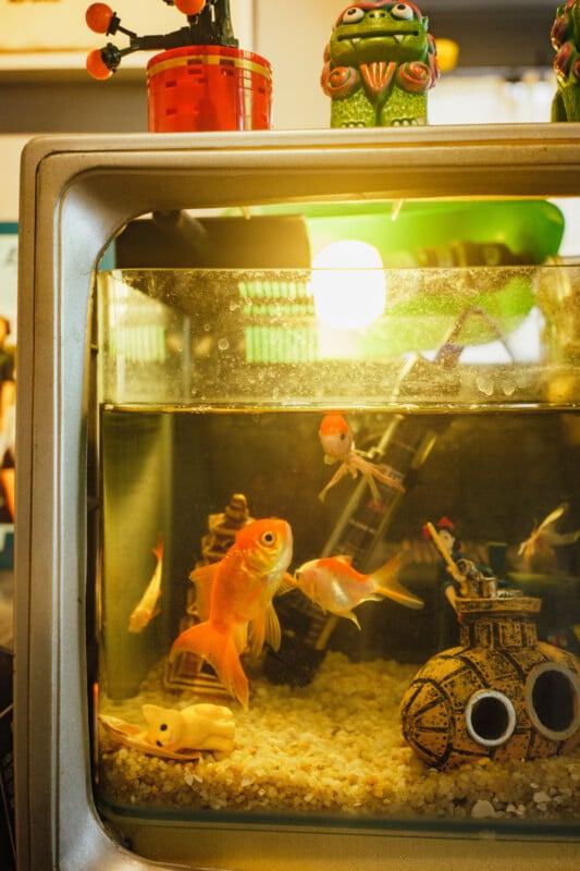 A fish tank inside an old television houses several goldfish, a submarine ornament, and gravel, with quirky figurines and a red potted plant on top, all illuminated by warm yellow light.