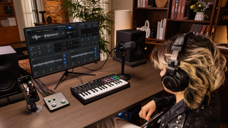 A person wearing headphones sits at a desk with a MIDI keyboard, audio mixer, microphone, smartphone, and computer displaying music production software in a cozy home studio.