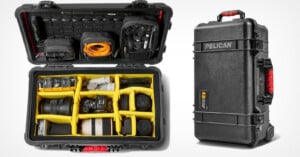 A black Pelican hard case is shown closed and open. The open case reveals yellow padded compartments holding cameras, lenses, cords, and accessories, with mesh pockets in the lid for organization.