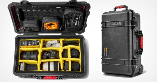 A black Pelican hard case is shown closed and open. The open case reveals yellow padded compartments holding cameras, lenses, cords, and accessories, with mesh pockets in the lid for organization.