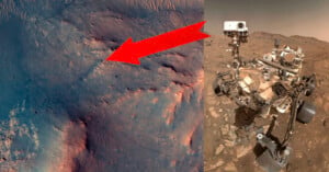 Split image: left side shows a satellite view of Mars with a large red arrow pointing to a small object; right side shows a close-up of a Mars rover on the planet’s rocky surface under a dusty sky.