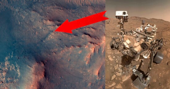 Split image: left side shows a satellite view of Mars with a large red arrow pointing to a small object; right side shows a close-up of a Mars rover on the planet’s rocky surface under a dusty sky.