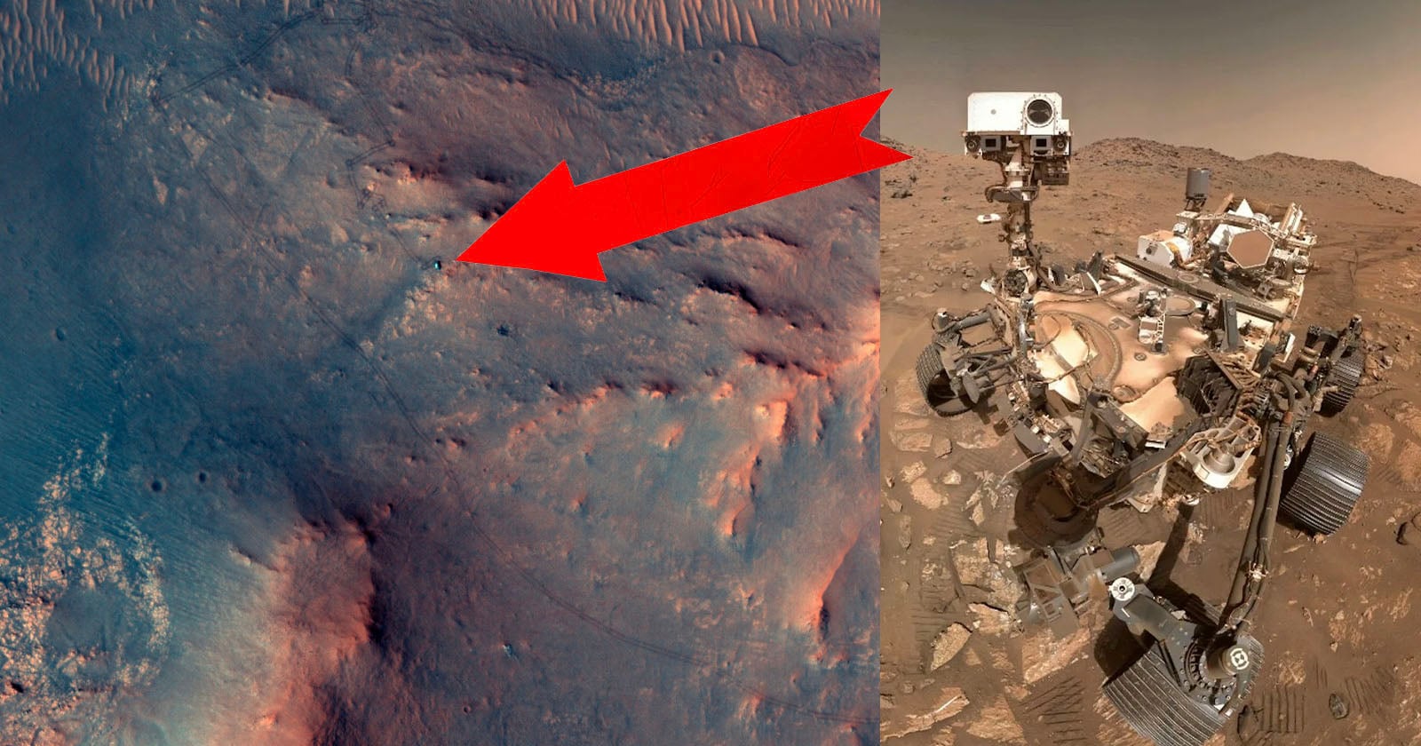 Split image: left side shows a satellite view of Mars with a large red arrow pointing to a small object; right side shows a close-up of a Mars rover on the planet’s rocky surface under a dusty sky.