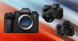 Three Sony Alpha series cameras are displayed on a colorful, blurred background. One camera shows its lens mount, while the other two have attached lenses; the smallest camera also features a top-mounted microphone windscreen.