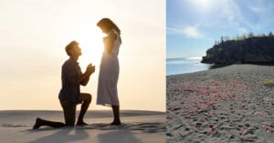 A man kneels and proposes to a woman on a sandy beach at sunset; next to them is a photo of a beach with scattered red petals and a rocky cliff by calm water under a clear sky.