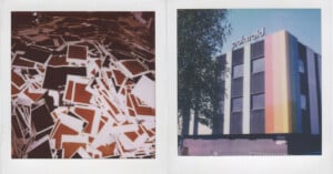 Left: A large pile of empty Polaroid photo frames scattered randomly. Right: A building with colored vertical stripes and the word "Polaroid" on top, set against a clear blue sky.