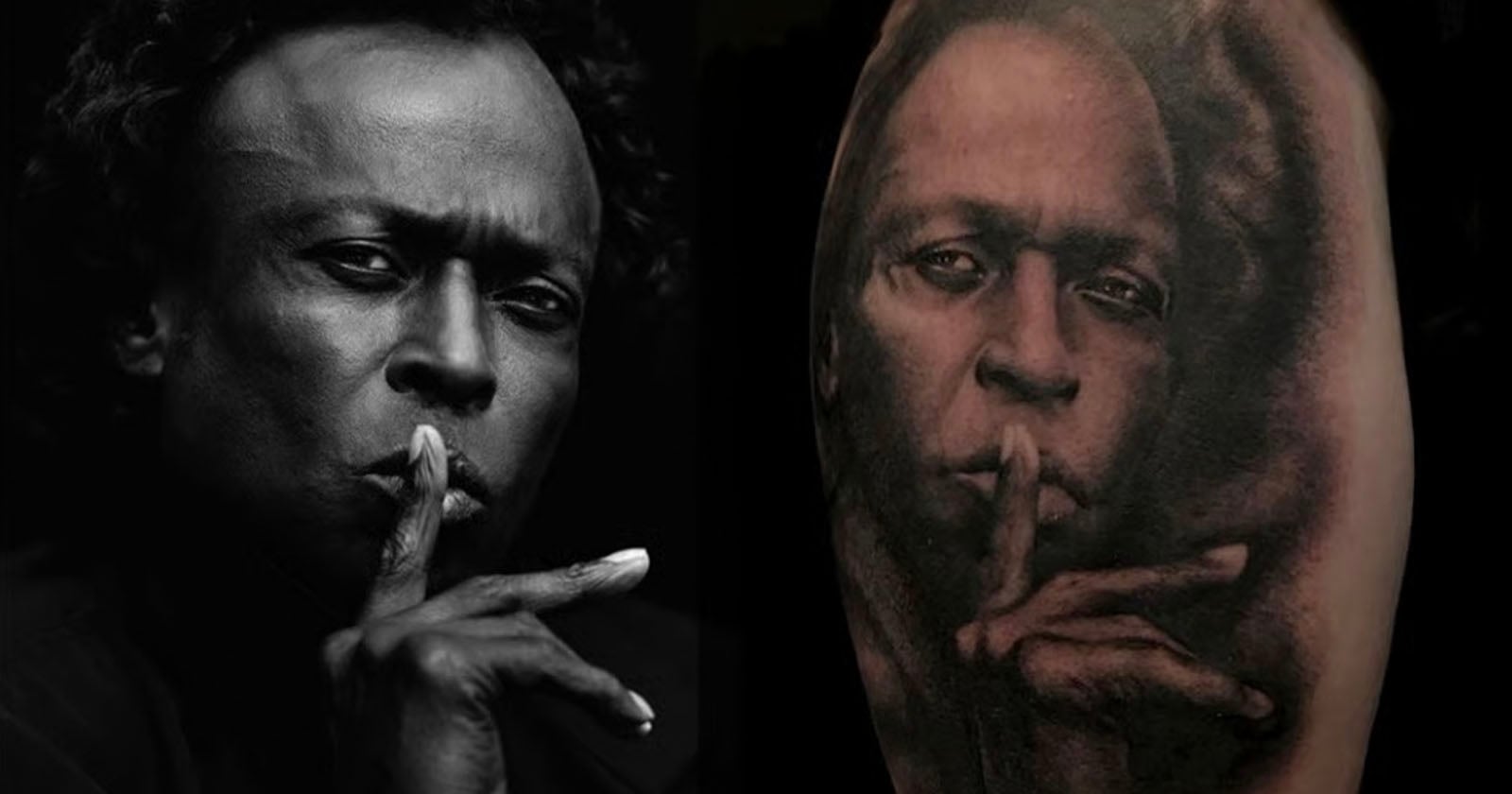 A black-and-white photo of a person holding a finger to their lips is shown on the left, next to a realistic tattoo of the same image on someone's skin.