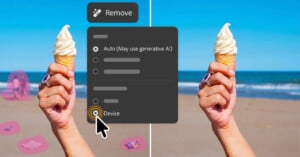 A person holding a vanilla ice cream cone at the beach with an editing menu overlay showing an option to remove objects, dividing the image into edited and unedited sides with objects removed on one side.
