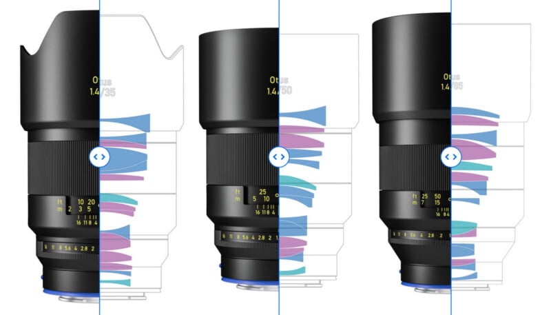 A split image of a camera lens shows the external view on the left and an internal diagram of the lens elements on the right, with a slider dividing the two perspectives.