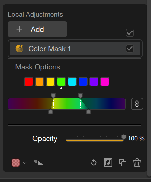 A software interface for local adjustments shows options for adding a color mask, selecting colors, adjusting a color gradient slider, and setting opacity to 100%.