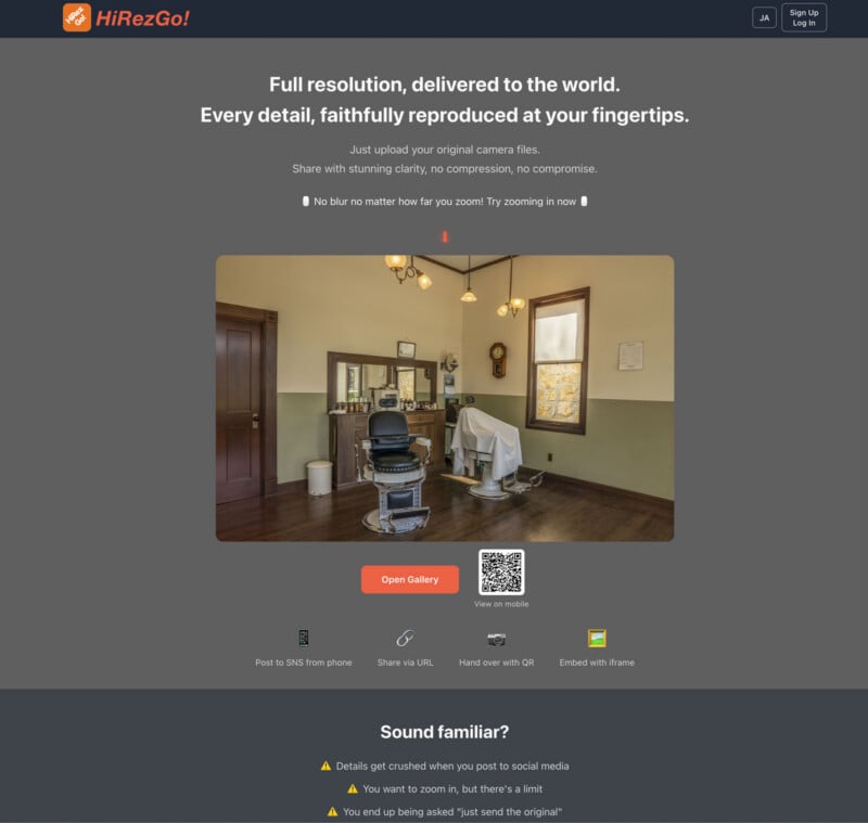 Website landing page for HiRezGo! showing a barbershop photo in the center, buttons for opening the gallery, uploading, sharing, and embedding images. Text highlights high-quality image delivery and easy sharing options.