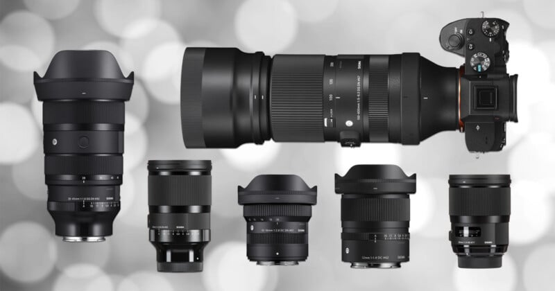 A digital camera with a large telephoto lens is displayed above six different camera lenses of various sizes and shapes, all set against a blurred grey background with circular light patterns.