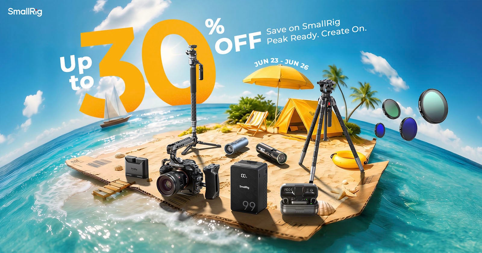 A tropical island with camera gear, tripods, and camping equipment promotes up to 30% off SmallRig products. Text reads, “Save on SmallRig. Peak Ready, Create On. June 23–June 26.” Bright, summery scene.