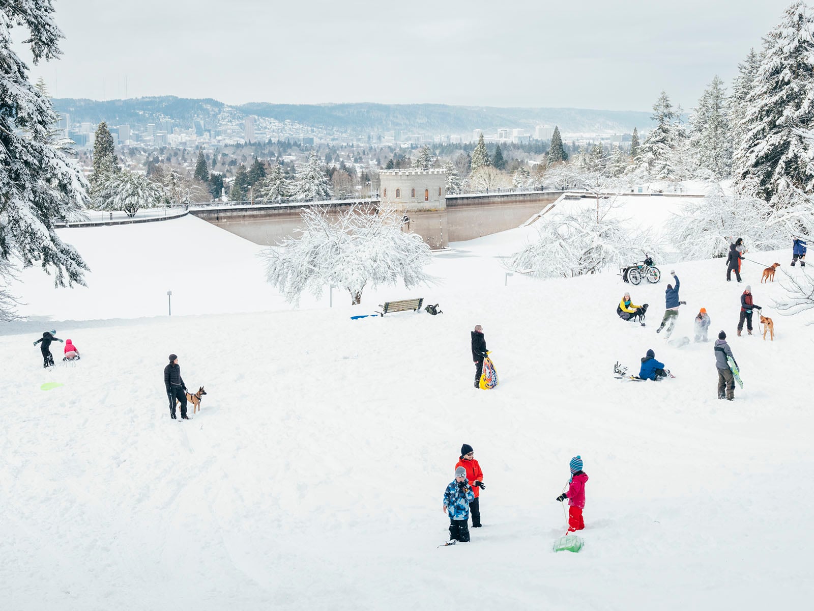 People and children play and sled on a snowy hill in a park, surrounded by snow-covered trees, with a stone bridge and city buildings visible in the distance under a cloudy sky.
