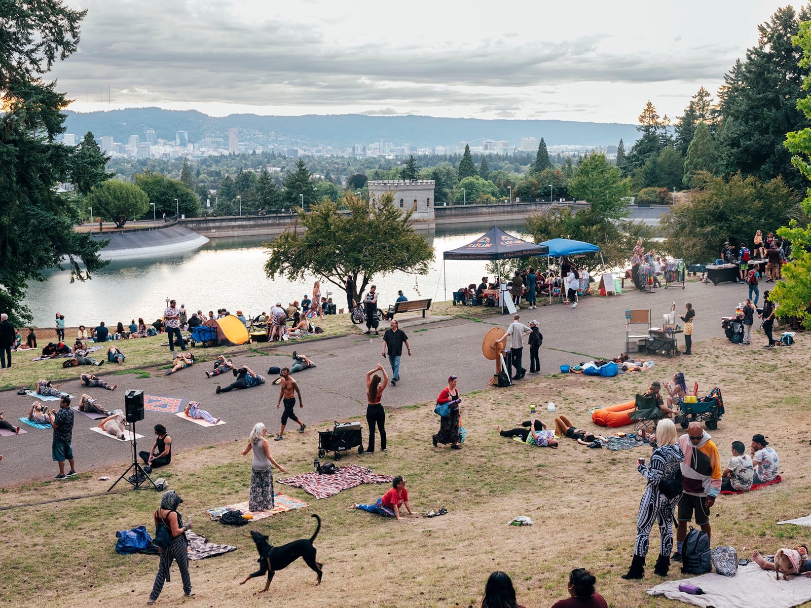 People relax on blankets and socialize on a grassy hillside by a reservoir, with city buildings and mountains in the background. Some stand or walk, while a few sit under a tent. Trees and paths are scattered throughout the scene.