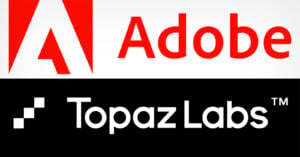 The image displays the Adobe logo in red and white at the top and the Topaz Labs logo in white on a black background at the bottom.