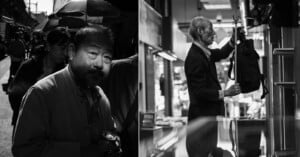 Black and white photo split in two: left side shows a man in a sunlit street holding a can, looking at the camera; right side shows an older man indoors hanging up a backpack, viewed in profile.