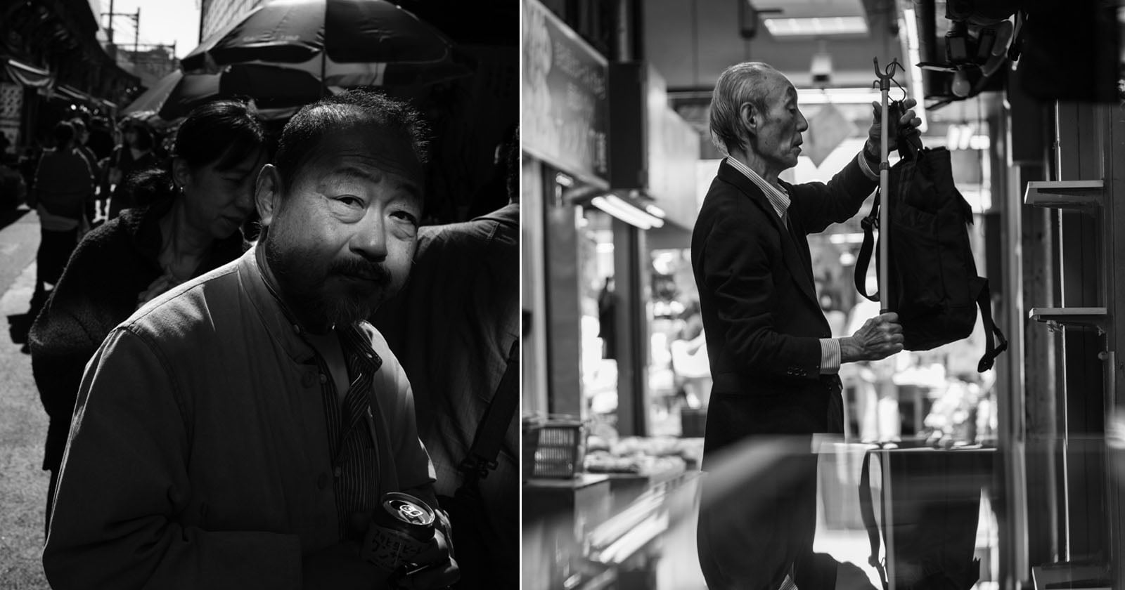 Black and white photo split in two: left side shows a man in a sunlit street holding a can, looking at the camera; right side shows an older man indoors hanging up a backpack, viewed in profile.