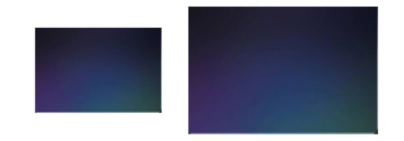 Two rectangles with a subtle dark gradient, featuring shades of blue, green, and purple, appear on a white background. The left rectangle is smaller, while the right rectangle is larger.