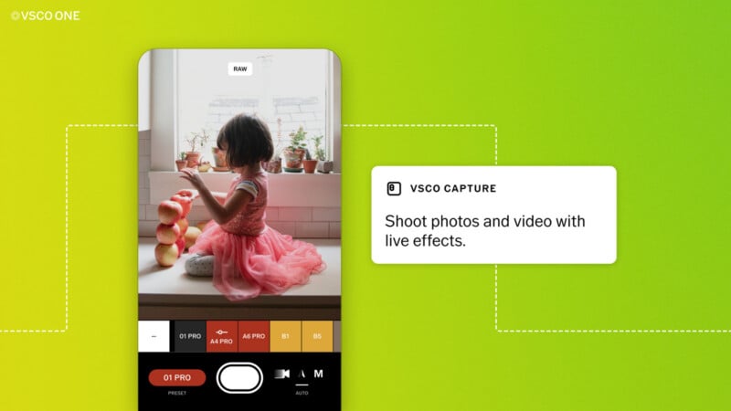 A smartphone screen shows a girl in a pink dress sitting by a window, stacking wooden rings. Text beside the phone reads: "VSCO Capture. Shoot photos and video with live effects.