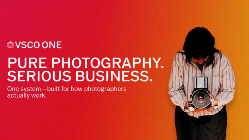 A person holding a vintage camera looks down at it against a red-to-orange gradient background, with text reading, "VSCO ONE. PURE PHOTOGRAPHY. SERIOUS BUSINESS. One system—built for how photographers actually work.