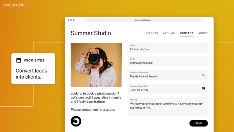 A website contact page for "Summer Studio" shows a woman taking a photo with a camera. A form on the right collects details for booking a family portrait session. A box on the left says, “VSCO Sites: Convert leads into clients.”.