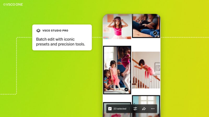 A smartphone screen shows a photo gallery app with selected images of children playing, next to a text box that reads: "Batch edit with iconic presets and precision tools," on a bright green background.