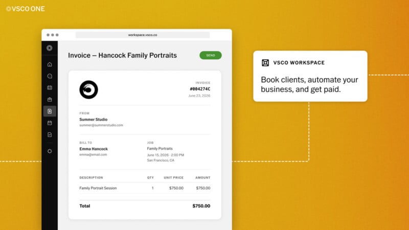 A screenshot of a VSCO Workspace invoice for the Hancock Family Portraits, showing client and job details, with a sidebar that reads: "Book clients, automate your business, and get paid.