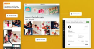 A collage shows VSCO's photography tools: a mobile editing screen, a photo gallery webpage for Hancock Family Portraits, and an invoice page, all connected by dotted lines on a yellow background.