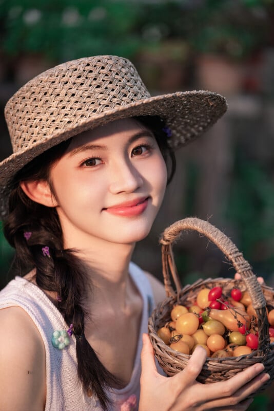 A young woman with braided hair and a straw hat smiles while holding a woven basket filled with yellow and red fruits, outdoors in natural sunlight.