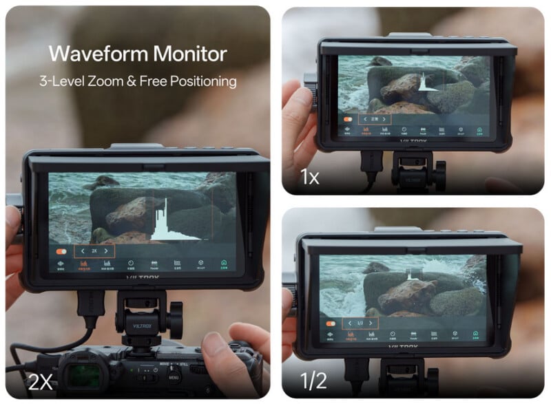 A person uses a camera monitor displaying a waveform monitor over an image of rocks by water, showing three zoom levels: 1x, 2x, and 1/2. Text reads "Waveform Monitor 3-Level Zoom & Free Positioning.