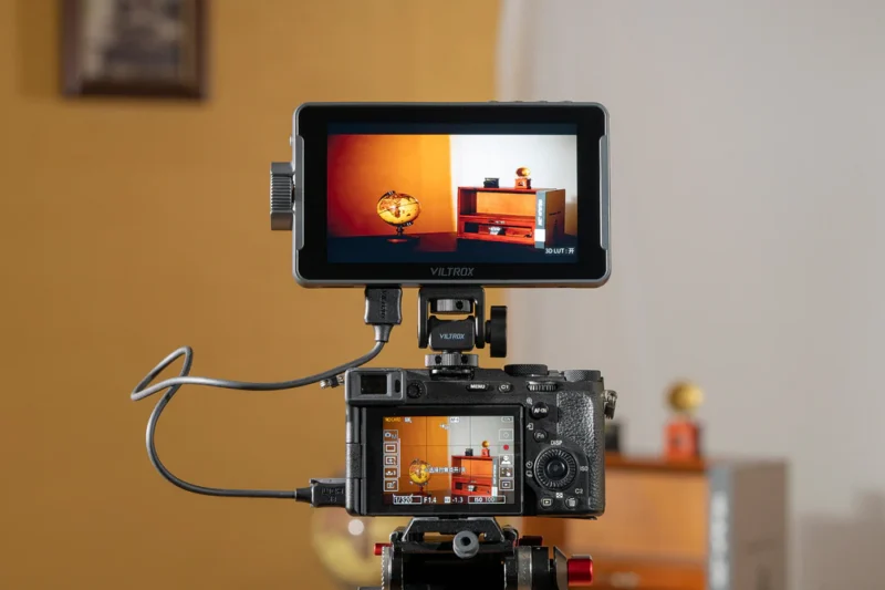 A digital camera mounted on a tripod is connected to an external Viltrox monitor, both displaying a focused image of a small globe and shelves against a blurred background.