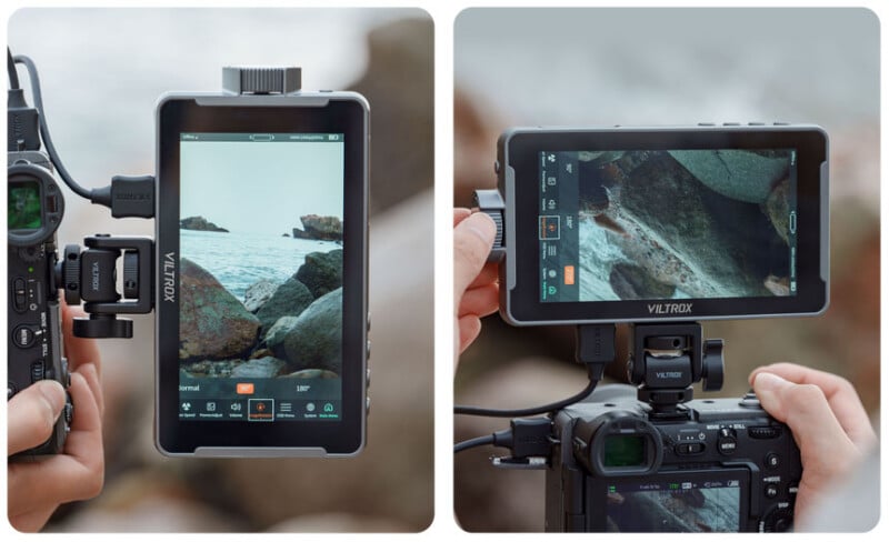 Two close-up shots show hands holding cameras with attached Viltrox external monitors, displaying live views of rocky coastal scenery. The cameras and monitors are seen from the back with ocean rocks visible on the screens.