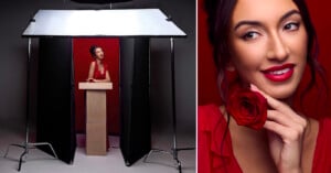 A woman in a red dress poses at a podium inside a photo studio setup. A close-up shows her smiling with red lipstick, holding a red rose near her face.