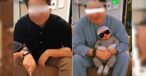 Two side-by-side photos: on the left, a person in a black shirt sits on a chair; on the right, the same person in blue clothing holds a baby wearing a hat and sunglasses. Both faces are blurred for privacy.