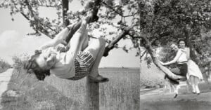 Two black-and-white photos: on the left, a woman in a striped skirt playfully hangs from a tree branch in an orchard; on the right, two women sit smiling together on a tree branch.