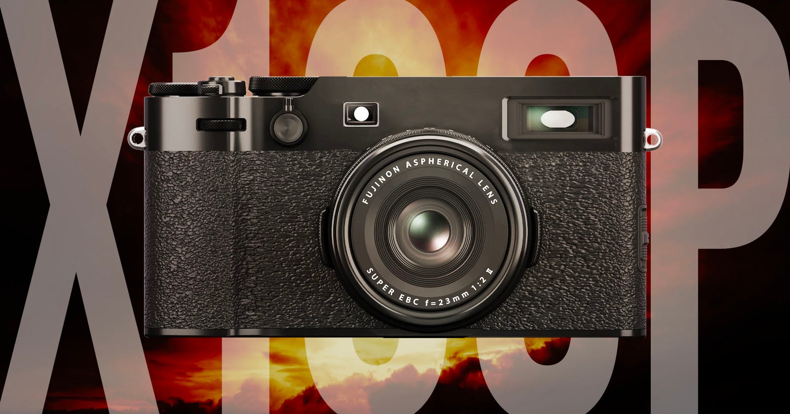 A black Fujifilm X100 camera is centered against a dramatic red and orange sky background, with large, semi-transparent "X100P" text behind it.