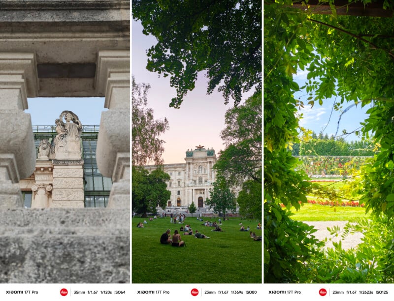 A collage of three outdoor scenes: a stone statue viewed through an opening, people relaxing on grass in front of a grand building, and a garden seen through leafy branches. Camera details are displayed at the bottom.