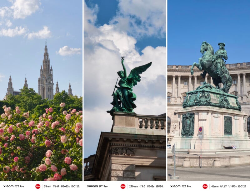 A collage of three photos featuring: a tall ornate building with a pointed spire behind blooming pink flowers; a statue of a winged figure on a rooftop; and an equestrian statue in a city square with grand architecture.
