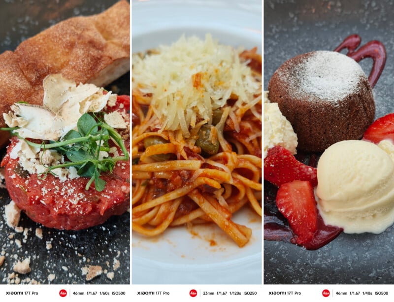 Three vertical panels show dishes: left, steak tartare topped with greens and shaved cheese; center, pasta with tomato sauce and grated cheese; right, chocolate lava cake with powdered sugar, strawberries, and vanilla ice cream.